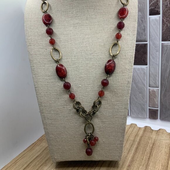 Premier Designs "Caliente" Antiqued Matte Gold Red Necklace - Picture 3 of 5